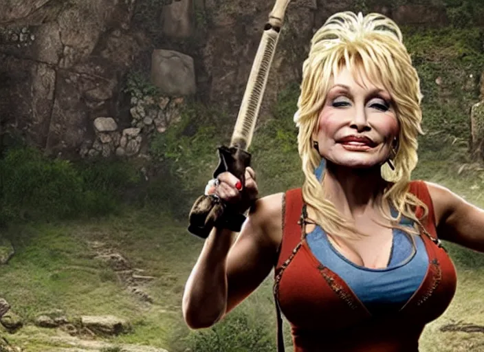 Image similar to film still of!!!! dolly parton!!! as lara croft in new tomb raider movie, 8 k