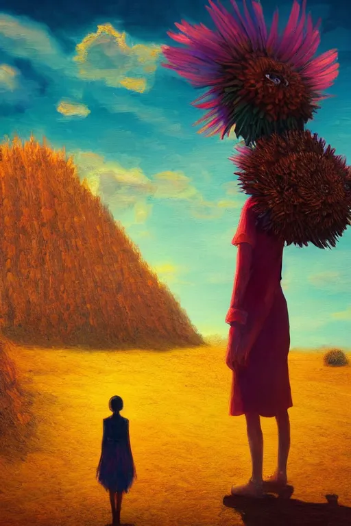 Image similar to giant corn flower head, girl walking in the desert, surreal photography, sunrise, dramatic light, impressionist painting, colorful clouds, digital painting, artstation, simon stalenhag