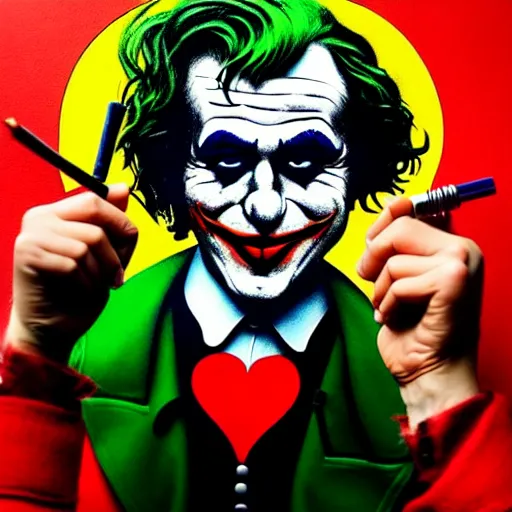 Prompt: ilya yefimovich repin and mimmo rottela and banksy as joaquin phoenix skinny joker, holding lady gaga harley queen hand, ultra photorealistic, intricate details, pop art style, concept art, confident posse, justify content center, 2 colours, warm color, 4 k, 4 d, ultra smooth, sharp focus,