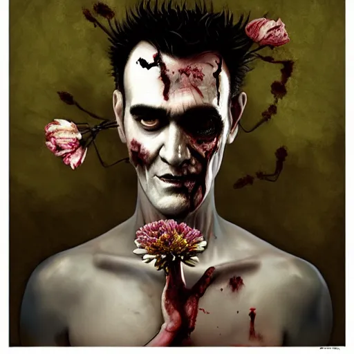 Image similar to skinny morrissey as a zombie with flowers, 7 days to die zombie, fine art, award winning, intricate, elegant, sharp focus, cinematic lighting, rimlight, digital painting, 8 k concept art, art by z. w. gu, art by brom, art by michael hussar, 8 k