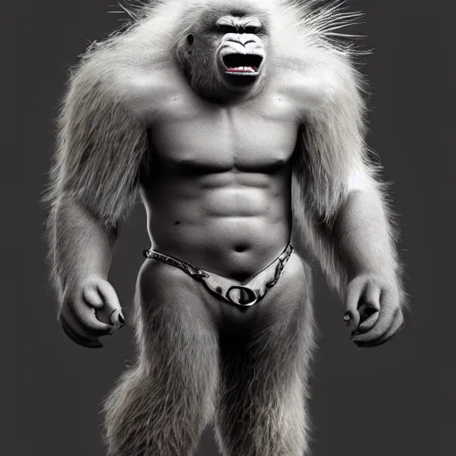 Prompt: angry tough albino gorilla, punk gorilla with mohawk hair. interesting 3 d character concept by tiger hkn and gediminas pranckevicius, game art, hyper detailed, character modeling, cinematic, final fantasy, video game character concept, ray tracing, fur details, maya, c 4 d