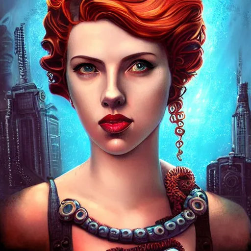 Image similar to lofi underwater bioshock steampunk portrait of scarlett johansson, octopus, Pixar style, by Tristan Eaton Stanley Artgerm and Tom Bagshaw.