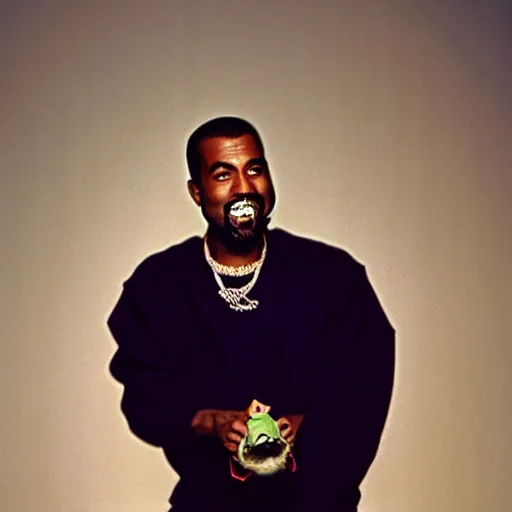 Prompt: kanye west smiling and holding holding yoda for a 1 9 9 0 s sitcom tv show, studio photograph, portrait