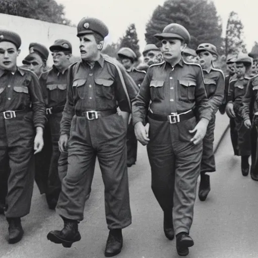 Prompt: mario as prison camp guard marching, wwii, officers uniform