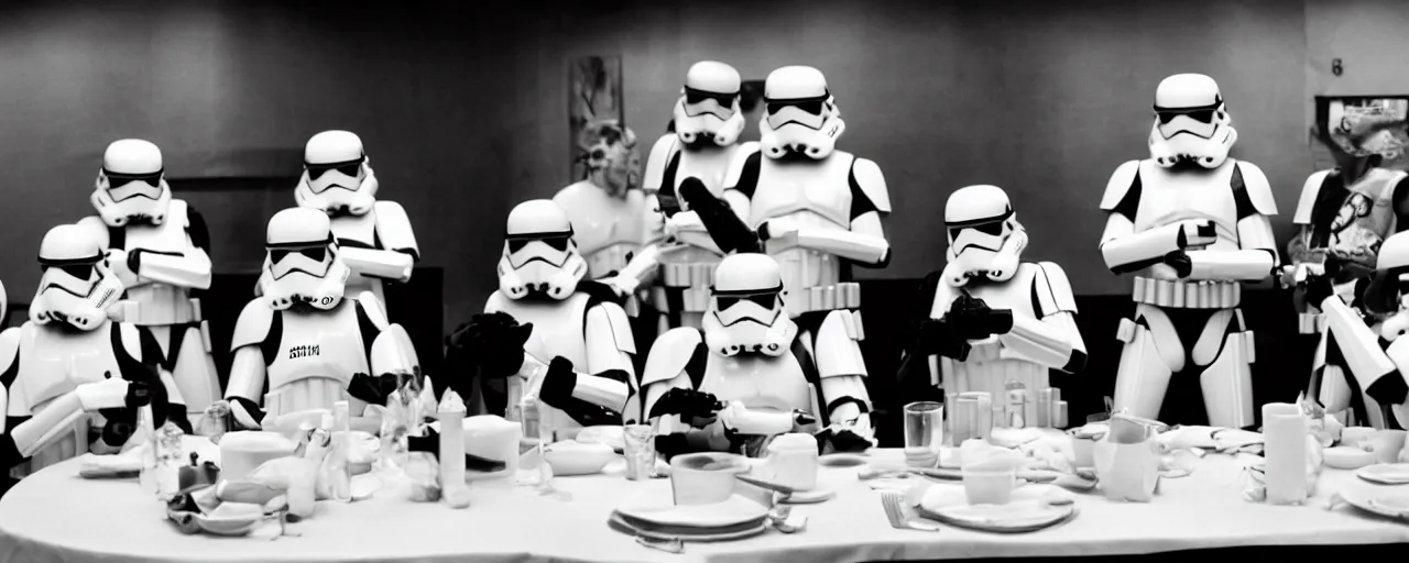 Image similar to Storm troopers out for dinner, the last supper, cinematic still frame, 80s, cinematography, anamorphic lens, kodak color film stock