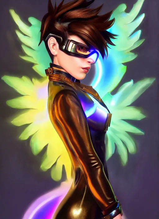 Image similar to portrait digital artwork of tracer overwatch, wearing iridescent rainbow latex and leather straps catsuit outfit, in style of mark arian, angel wings, dramatic painting, wearing detailed leather collar, chains, black leather harness, detailed face and eyes,