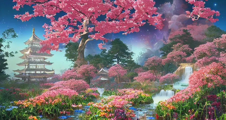 Image similar to a large mystic shrine in a field of flowers, hiroshi nagai, john berkey, mad dog jones, breath - taking beautiful flowers, streams, nebula, and mist, an aesthetically pleasing, dynamic, energetic, lively, complex, intricate, detailed, well - designed digital art of magic, streams, flowers, and mist, early morning, light and shadow