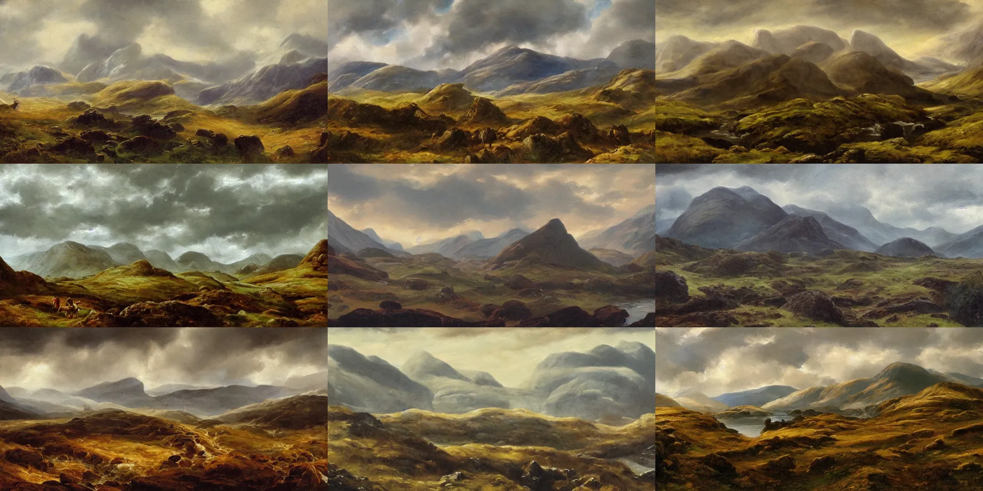 Prompt: landscape of ancient scotland during the age of the celtic picts. scottish mountains and hills, cloudy and mystical, epic painting