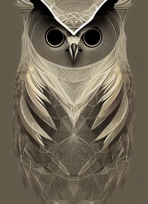 Image similar to portrait of a geometric owl, identical eyes, medium shot, illustration, full body made of white feathers, symmetrical, art stand, super detailed, cinematic lighting, and its detailed and intricate, gorgeous, by peter mohrbacher