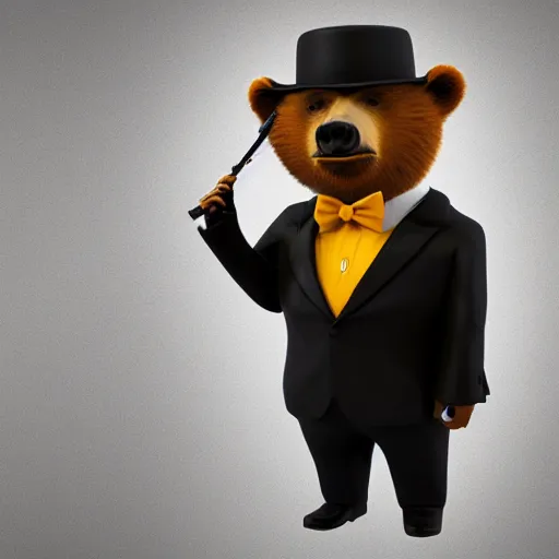 Prompt: A full shot portrait of a Bear in a tuxedo smoking a pipe. Unreal Engine 5. DAZ. Hyper-realistic. Octane render. Symmetrical. Attention to detail. Vibrant bright colours. High saturation. Extremely moody lighting. Atmospheric. Cinematic. Intricate. 8K. Stunning. Breathtaking. Awe-inspiring. Award-winning. Concept art. Trending. ArtStation