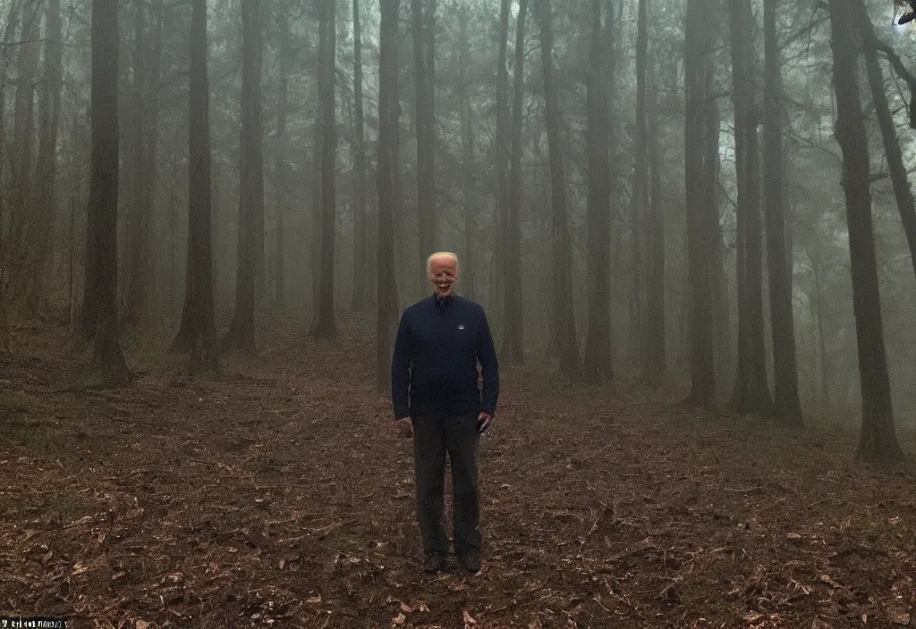 Image similar to low quality iphone photo of joe biden standing ominously deep in the foggy woods with a demonic smile in his face and his hands behind his back, low visibility creepy, grainy, trail cam footage