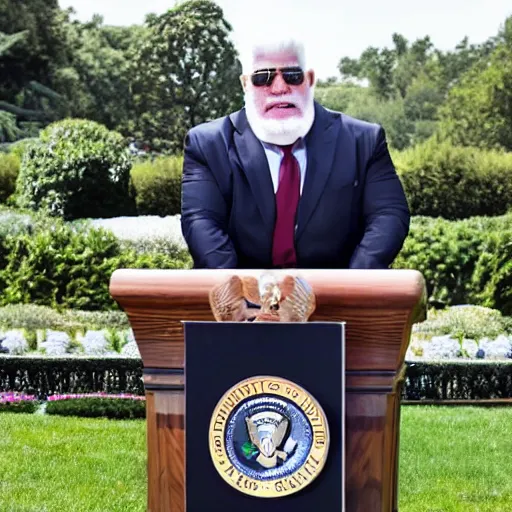 Image similar to realistic photo of scott steiner standing behind the podium during a press conference at the white house rose garden