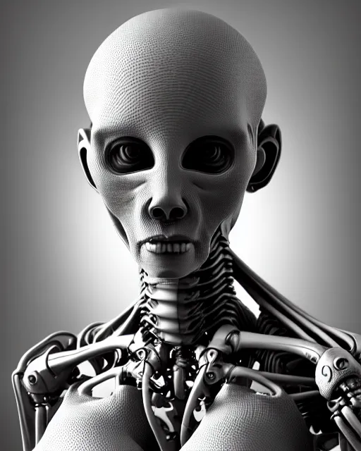 Image similar to raw bw 3 d render biomechanical intricate spinal ribbed exotic alien organic body detail of mechanical female cyborg, beautiful insanely detailed, digital art, octane render, 8 k artistic photography, photorealistic