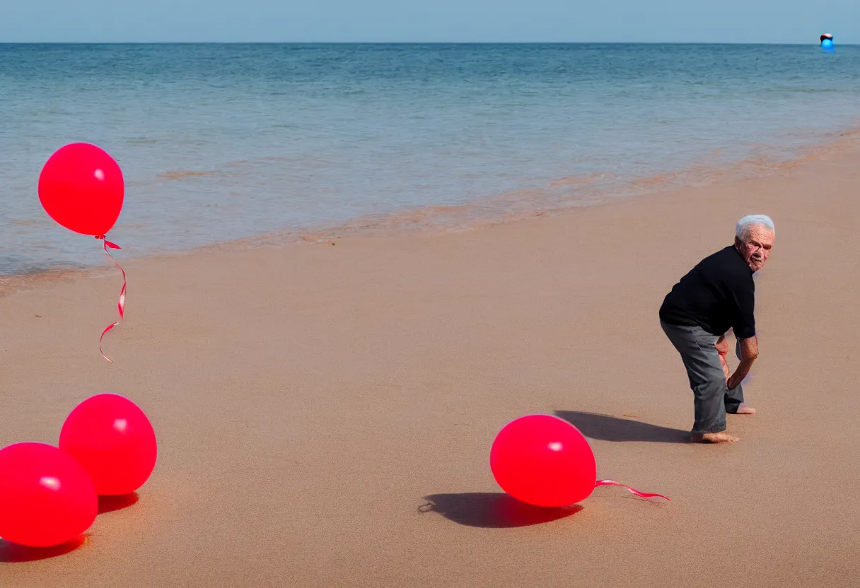 Prompt: a photo of old man on the beach holding red balloons., sharp focus, ground level view