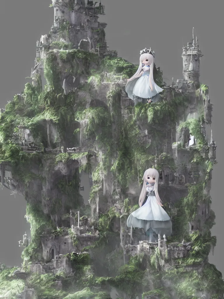 Image similar to cute fumo plush of a princess girl in a tower on a tiny island which she lays sole claim to, selfish empress of the abyss, tempestuous waters, wisps of volumetric smoke and fog, gothic wraith maiden in tattered white dress, floating island, vignette, vray