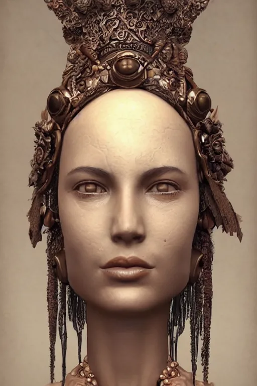 Image similar to a woman wearing a headdress and a necklace, a bronze sculpture by Bastien Lecouffe-Deharme, trending on cgsociety, afrofuturism, zbrush, daz3d, detailed painting