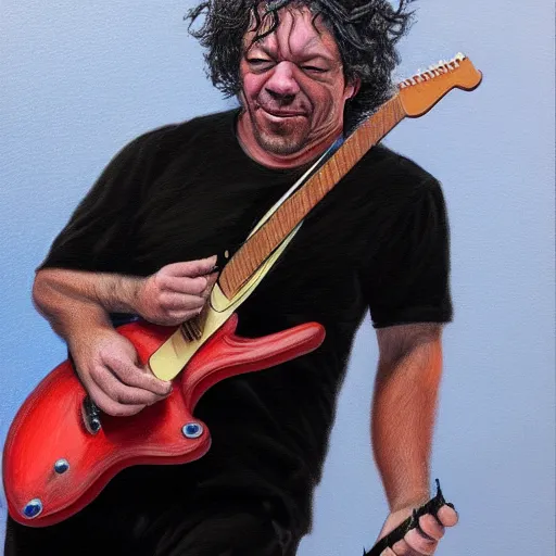 Image similar to Caricature portraits done of Dean Ween playing a guitar live on stage, realistic, hyperrealistic, very realistic, highly detailed, very detailed, extremely detailed, detailed, oil painting, digital art, trending on artstation