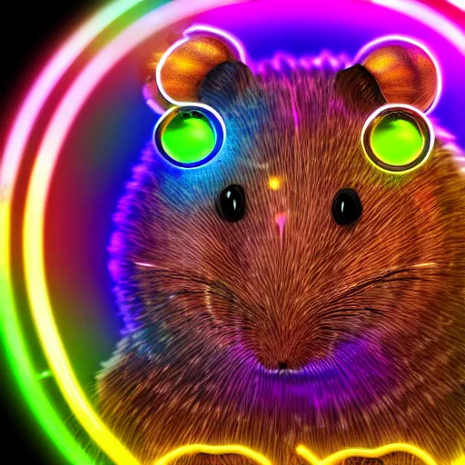 Image similar to cyberpunk hamster made of glowing rainbow neon lights, gems and crystals, light reflection, 8 k, hd, logo