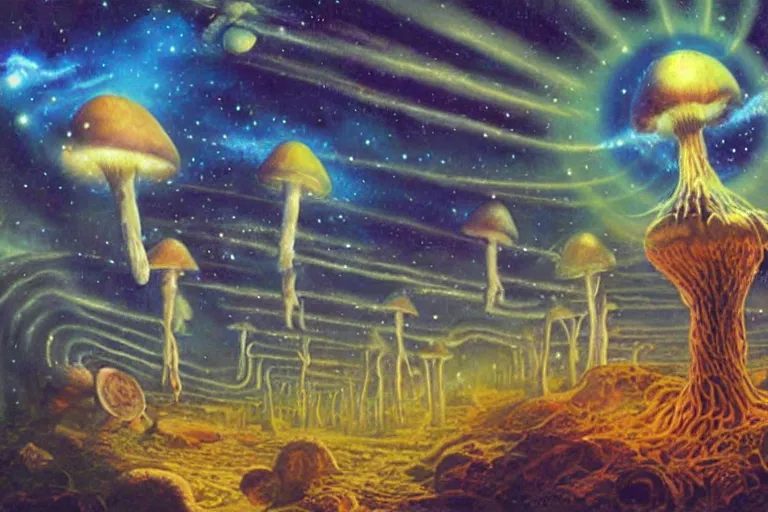 Prompt: how magic mushrooms can take us to the farthest reaches of innerspace, painting by james gurney