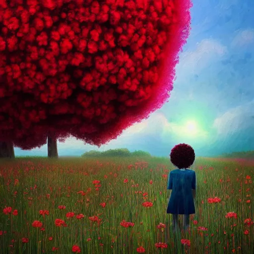 Image similar to giant red carnation afro head, full body, girl walking in the middle of a field with flowers, surreal photography, hills, sunrise dramatic light, impressionist painting, colorful clouds, digital painting, pointillism, artstation, simon stalenhag