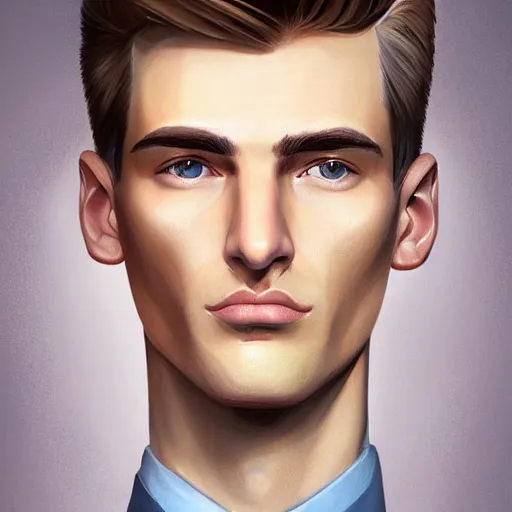 Image similar to tall man in his twenties with brown blond short quiff hair and thin slightly round facial structure with cleft chin, straight eyebrows and prominent nose, good definition of cheekbones, big hazel nut brown eyes, narrow face, slim body, atmospheric lighting, painted, intricate, 4 k, highly detailed by charlie bowater