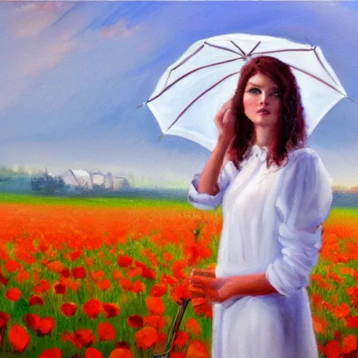 Prompt: oil painting of a women dressed in white holding a white umbrella, in field of poppies