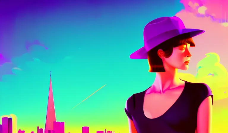 Image similar to a beautiful and immaculate young teenager girl with fedora hat. synthwave. outrun style. trending on artstation. recommended for you behance. by chris moore. by edward hopper. metropolis filmic. gotham city.