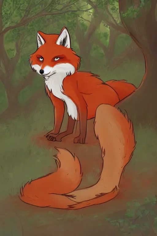 Image similar to a pretty medieval anthropomorphic fox with a fluffy tail in the forest, comic art, trending on furaffinity, cartoon, kawaii, backlighting, furry art!!!, warm shading, concept art, sunset