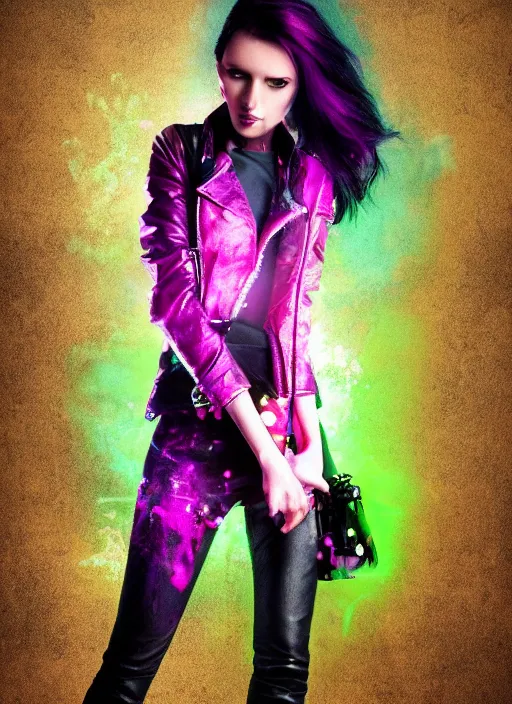 Image similar to a photo of 8 k ultra realistic a black haired female in high heels and a black leather jacket, pink, purple, green, yelow, red, blue, white neon, art by lise deharme