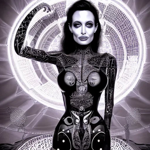 Image similar to the portrait of an absurdly elegant, sophisticated, fashionable ottomanpunk robotess idol, an ultrafine hyperdetailed illustration of angelina jolie by kim jisu, intricate linework, neon wiring, electronics, porcelain skin, unreal engine 5 highly rendered, global illumination, radiant light, detailed and intricate environment, by rutkowski, artgerm, marvel comics