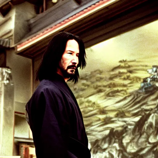 Image similar to cinematic film still of Keanu Reeves starring in a Steven Spielberg film as A Japanese Samurai at a temple, 1999, shallow depth of field, photograph, natural lighting