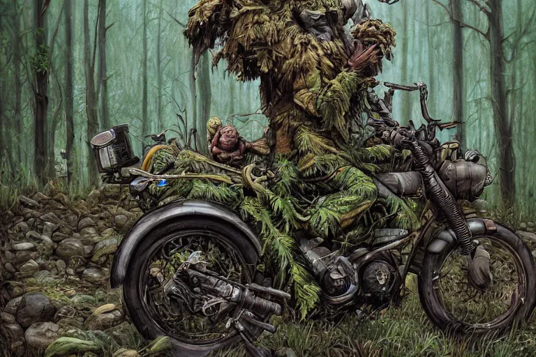 Image similar to a highly detailed garden gnome driving a forest camo motorcycle, overgrown, post apocalyptic road warrior style, wide angle, an ultrafine detailed painting by p. craig russell and barry windsor - smith, trending on deviantart, octane, masterpiece