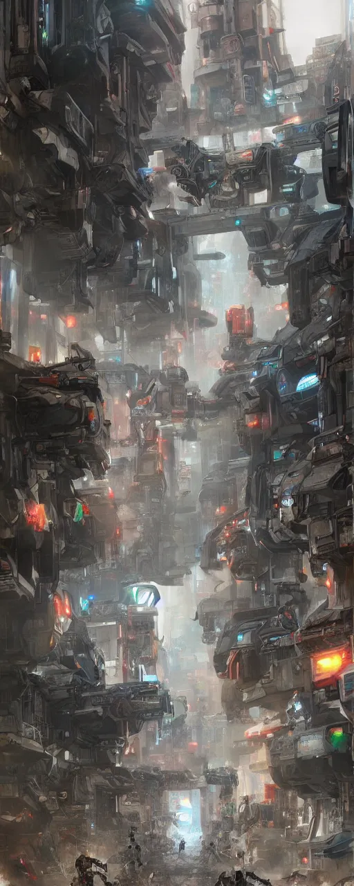 Image similar to a robotic mecha police on a slums downtown street, concept art, artstation, futuristic, matte painting, hyper realistic, art by feng zhu, cinematic