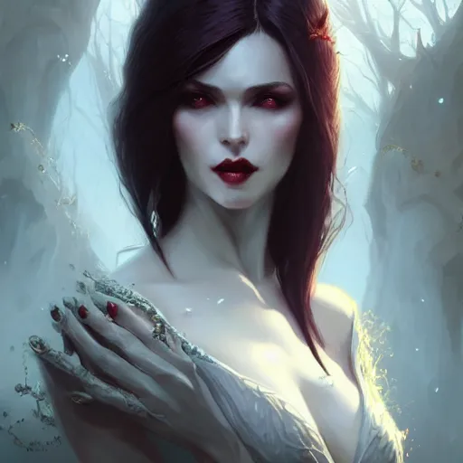 Image similar to desirable Vampire woman, fantasy, intricate, elegant, highly detailed, digital painting, artstation, concept art, matte, sharp focus, illustration, art by artgerm and Greg Rutkowski, dreadjim, zeen chin