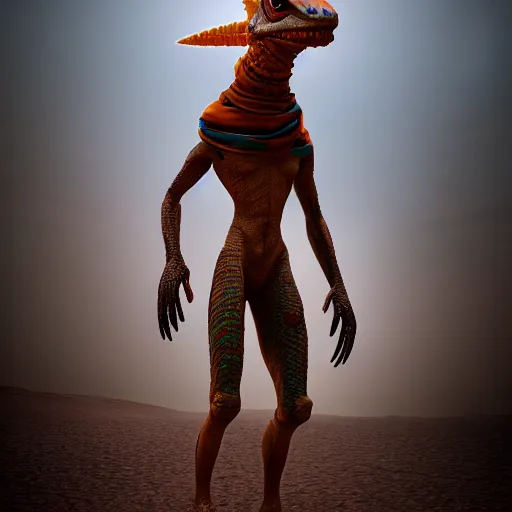 Image similar to anthro lizard alien hybrid standing on two legs, wearing a scarf, desert nomad, concept art, trending artstation, apocalyptic, volumetric lighting, octane render.