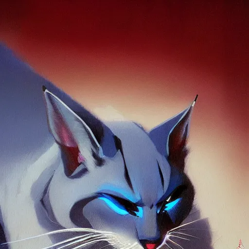 Image similar to blue cat eating red sable painting by eddie mendoza, greg rutkowski