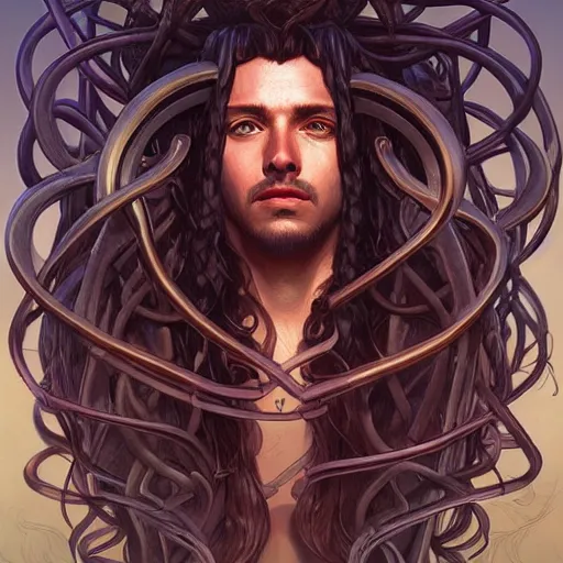 Image similar to male medusa, highly detailed, digital painting, artstation, concept art, smooth, sharp focus, illustration, art by artgerm and greg rutkowski and alphonse mucha