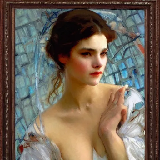 Image similar to photo of a beautiful woman by gil elvgen, greg manchess, mucha, sorrolla, john singer sargent, william waterhouse