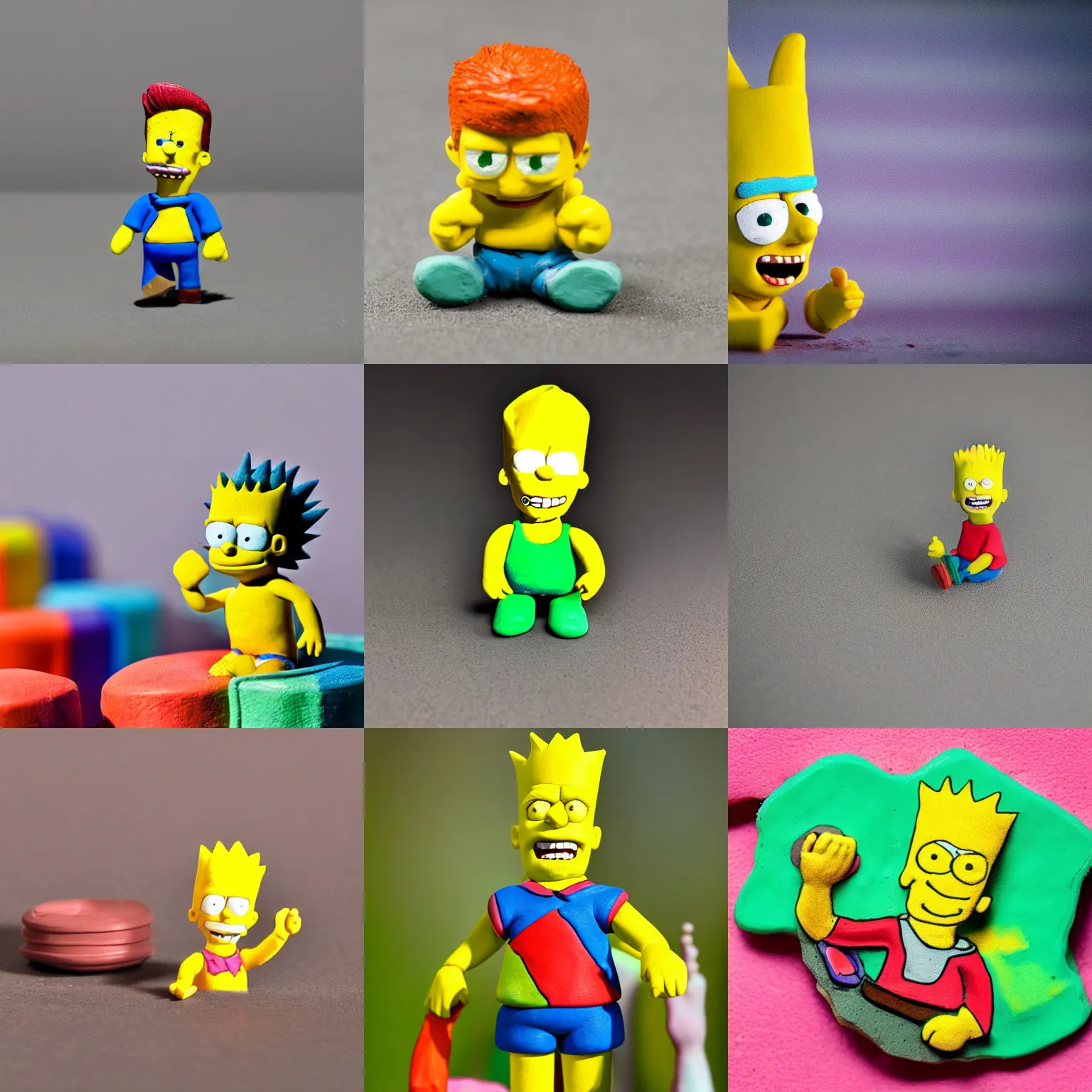 Prompt: miniature colorful clay sculpture of Bart Simpson, macro, dslr photo