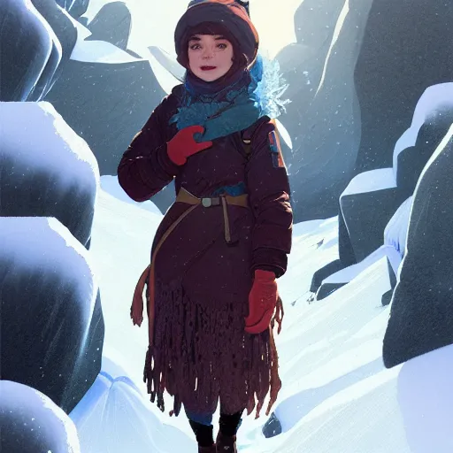 Prompt: portrait of madeline from celeste climbing a snowy mountain, bubble jacket, highly detailed, digital painting, artstation, concept art, sharp focus, illustration, art by greg rutkowski and alphonse mucha