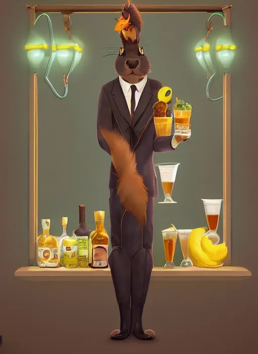 Image similar to squirrel anthro as a dapper bartender with a big, fluffy tail, retro futurism, art deco, detailed painterly digital art by WLOP and Cory Loftis, 🍸🍋, furaffinity, trending on artstation