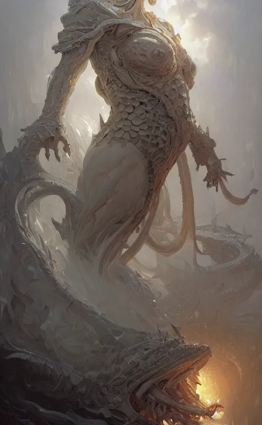 Image similar to portrait of a gigantic white monstrosity, a fat tank monster made of melted white bodies, concept art, deep focus, fantasy, intricate, highly detailed, digital painting, artstation, matte, sharp focus, illustration, art by artgerm and greg rutkowski and alphonse mucha