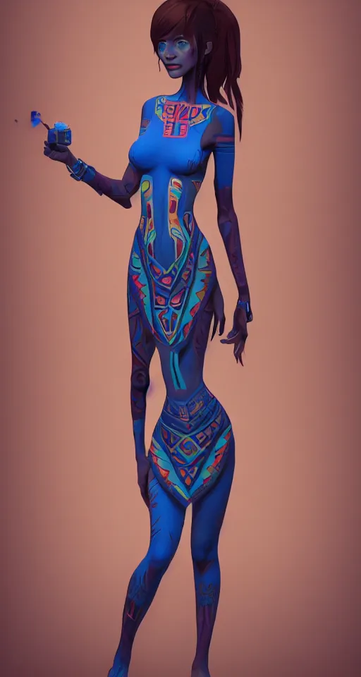 Image similar to a blue skinned woman with glowing aztec tattoos down her arms, long coffee brown hair, sci - fi dress with sleak accents, slender waist, by wlop, ilya kuvshinov, krenz cushart, greg rutkowski, pixiv. zbrush sculpt, octane, maya,