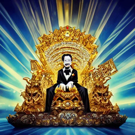 Image similar to manga of a shining majestic throne made of millions of diamonds, gold and zaphires with thousands of light reflections, and a clown on a tuxedo suit is sitting on the throne while handing a golden balloon, dramatic light