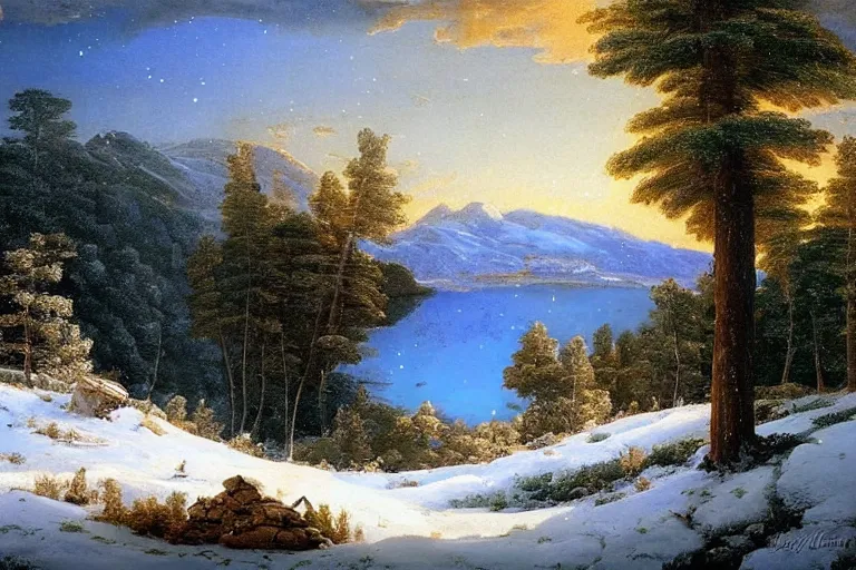Image similar to beautiful landscape with winter and lake and pine trees, mythology, fantasy, landscape background, vivid colors, digital painting, very detailed, realistic, high quality, by claude lorrain