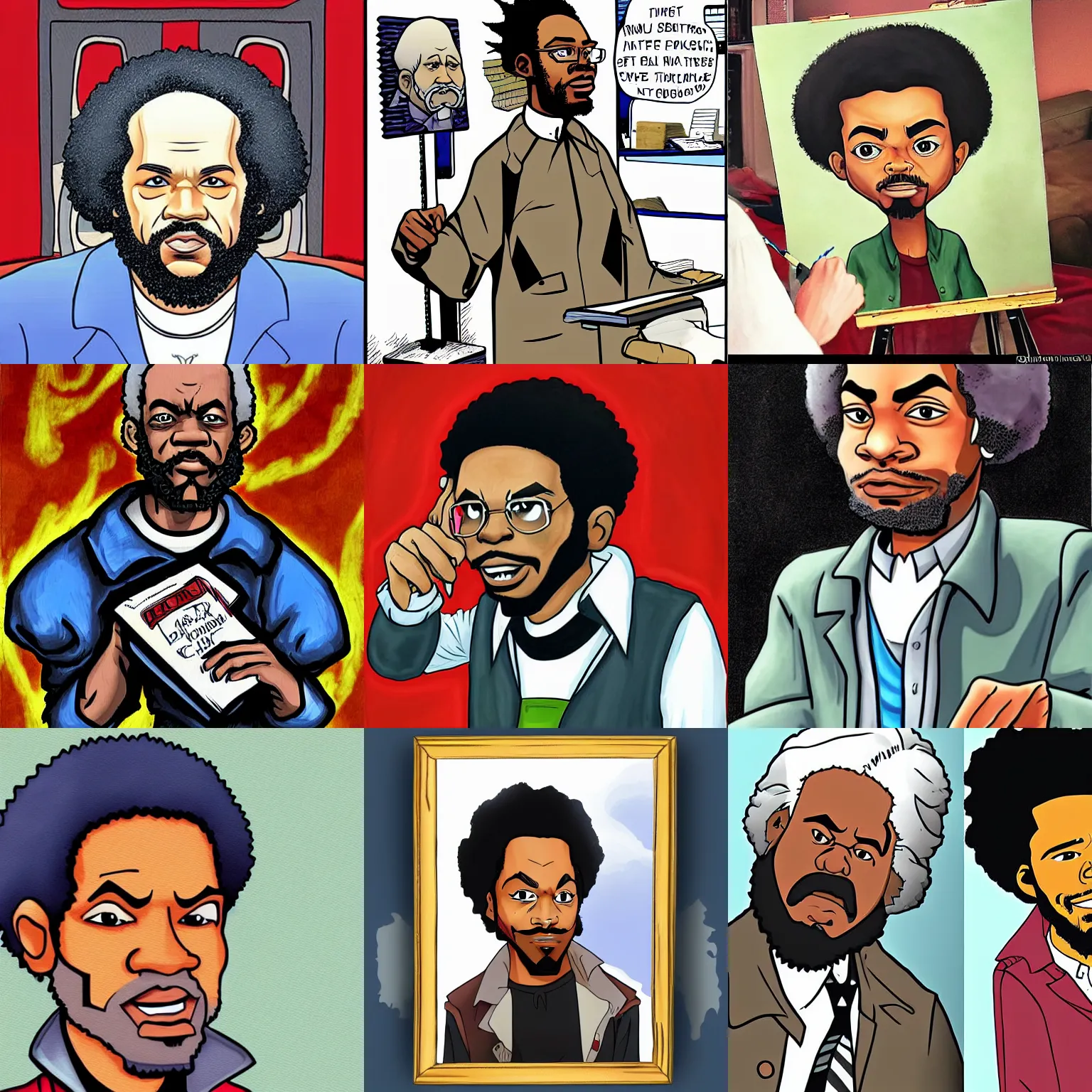 Prompt: Karl marx painting by Aaron McGruder as a character on the boondocks