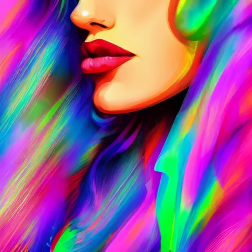 Prompt: young beautiful woman, side profile, wavy long hair, abstract art, painting, digital art, rainbow vibrant colors, abstract neon colors, detailed, shadow profile, contrast, high - resolution, artstation