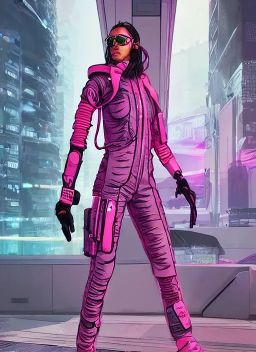 Prompt: maria. apex legends cyberpunk athlete in pink jumpsuit. concept art by james gurney and mœbius. cinematic, dramatic lighting, high detail 4 k