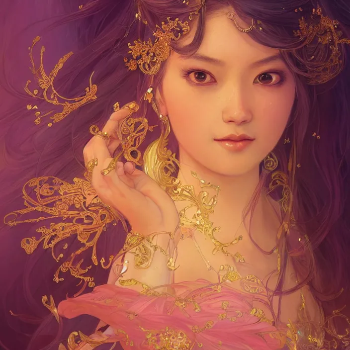 Image similar to asian princess with sparkling eyes, full body portrait, highly detailed, gold filigree, fantasy, soft cinematic lighting, award, disney concept art, watercolor illustration by mandy jurgens and alphonse mucha and alena aenami, pastel color palette, featured on artstation