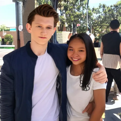 Image similar to Tom Holland with his arm around a Filipina college girl at Chapman University